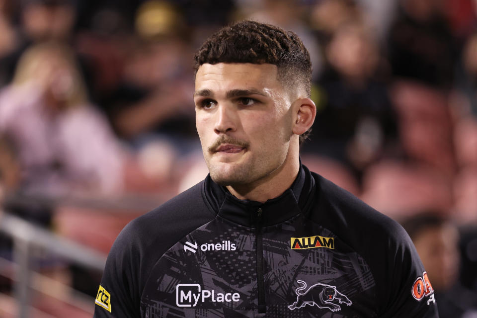 PENRITH, AUSTRALIA - AUGUST 30:  Nathan Cleary of the Panthers looks on during the round 26 NRL match between Penrith Panthers and South Sydney Rabbitohs at BlueBet Stadium, on August 30, 2024, in Penrith, Australia. (Photo by Matt King/Getty Images)