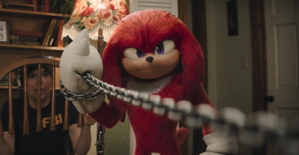 This image released by Paramount+ shows the character Knuckles, voiced by Idris Elba, in a scene from the series "Knuckles." (Paramount Pictures/Sega/Paramount+ via AP)