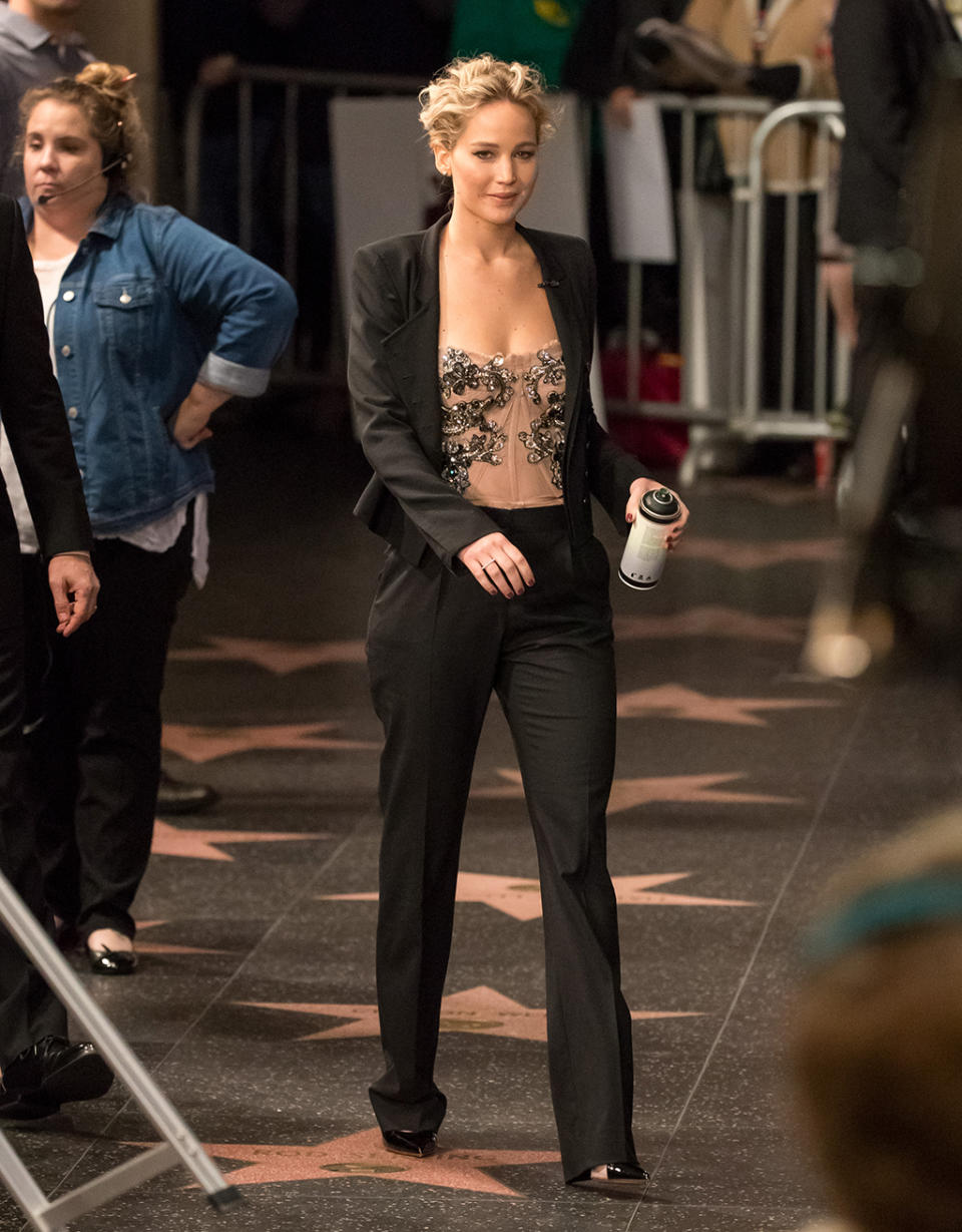 Jennifer Lawrence in a black pantsuit