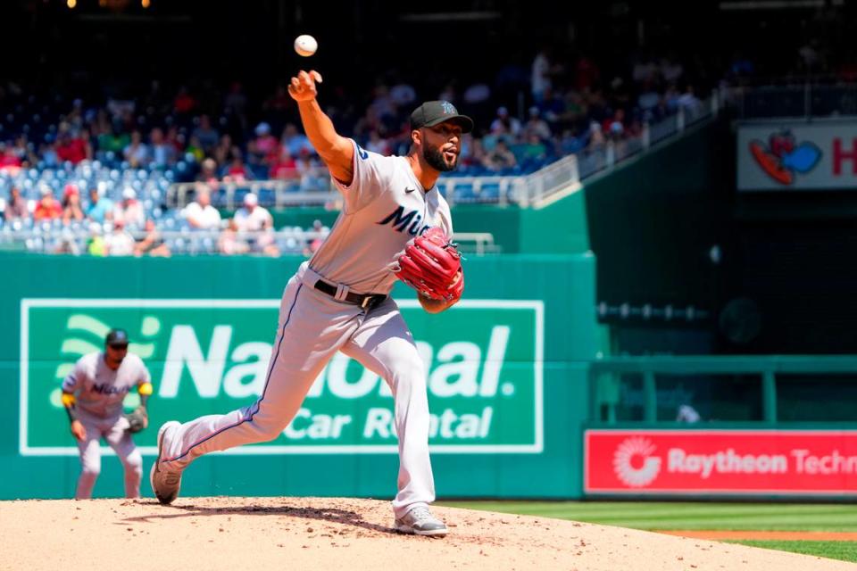 Sep 3, 2023; Washington, District of Columbia, USA; Miami Marlins pitcher Sandy Alcantara (22) delivers a pitch against the Washington Nationals during the first inning at Nationals Park.