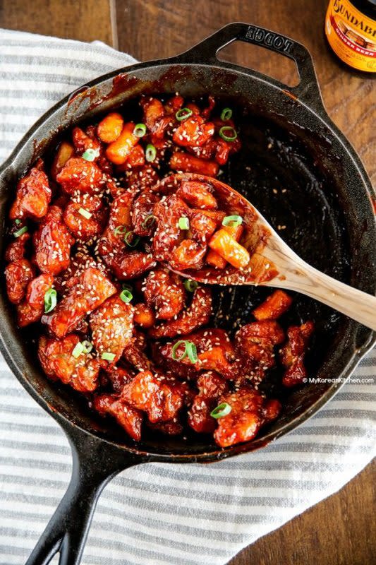<p>A popular street snack in Korea, these boneless popcorn chicken nuggets are deep fried and coated with Korea’s special sticky, spicy, tangy and sweet sauce. </p><p><strong>Get the recipe: <a href="https://mykoreankitchen.com/korean-style-popcorn-chicken/" rel="nofollow noopener" target="_blank" data-ylk="slk:Korean Style Popcorn Chicken;elm:context_link;itc:0;sec:content-canvas" class="link rapid-noclick-resp">Korean Style Popcorn Chicken</a></strong></p>