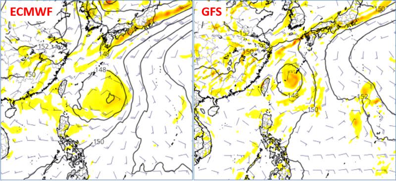 圖：最新(25日20時)歐洲模式(ECMWF)及美國模式(GFS)，模擬下週四(1日)20時850百帕風場皆顯示，台灣東方海面有「熱帶擾動」發展的跡象，各模式模擬的強度，仍在調整中，反映其的「不確定性」，應持續觀察。(圖擷自tropical tidbits)