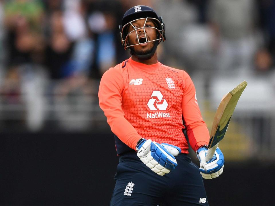 England's Chris Jordan reacts: AP