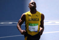 2016 Rio Olympics - Athletics - Preliminary - Men's 100m Round 1 - Olympic Stadium - Rio de Janeiro, Brazil - 13/08/2016. Usain Bolt (JAM) of Jamaica reacts REUTERS/David Gray