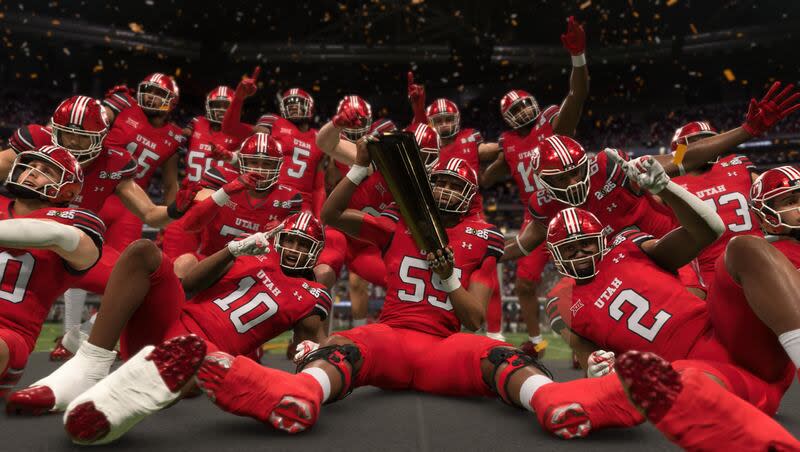 University of Utah players are shown celebrating a national championship with the College Football Playoff National Championship Trophy in the new EA Sports College Football 25 video game.