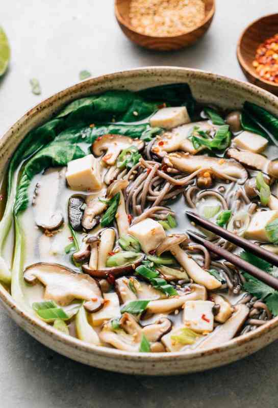 <p>A hearty and healthy Soba Noodle Soup recipe with bok choy and mushrooms in a simple miso broth that is quick, easy and delicious! Vegan, gluten-free and ready in under 30 minutes.</p><p><strong>Get the recipe: <a href="https://simple-veganista.com/bok-choy-wild-mushroom-miso-soba-bow/" rel="nofollow noopener" target="_blank" data-ylk="slk:Bok Choy and Wild Mushroom Miso Soba Bowl;elm:context_link;itc:0;sec:content-canvas" class="link rapid-noclick-resp"><em>Bok Choy and Wild Mushroom Miso Soba Bowl</em></a></strong></p>