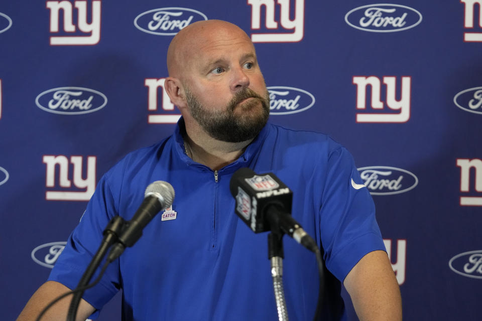 New York Giants head coach Brian Daboll gesture during a post NFL football game news conference, Sunday, Oct. 8, 2023, in Miami Gardens, Fla. The Dolphins defeated the Giants 31-16. (AP Photo/Wilfredo Lee)