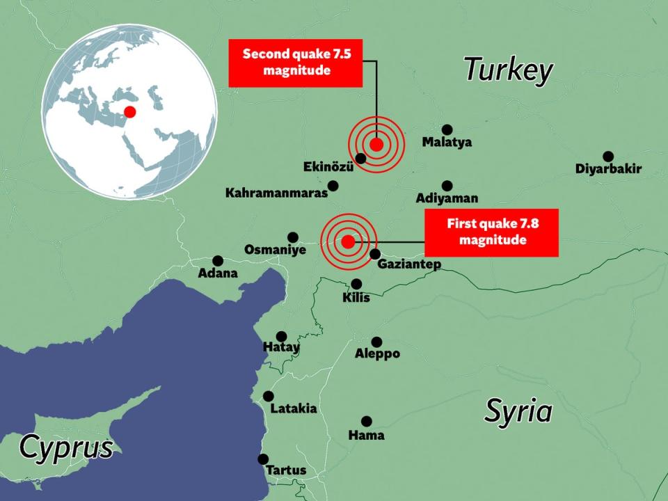 The two major earthquakes that struck Turkey – with Syria also taking major damage (Datawrapper/The Independent)