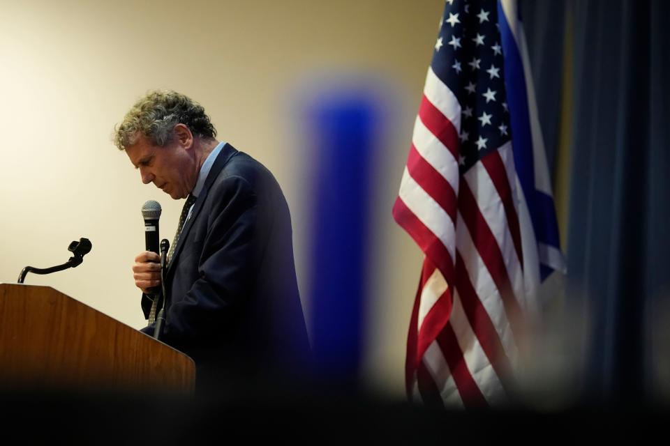 Sen. Sherrod Brown speaks during a community vigil for Israel at the Jewish Community Center of Greater Columbus on Oct. 9.