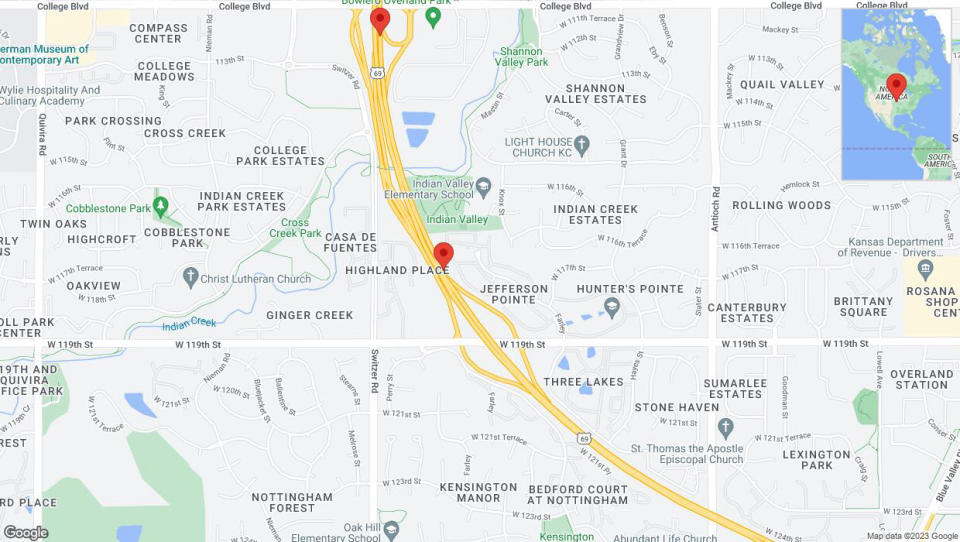 A detailed map that shows the affected road due to 'Lane on US-69 closed in Overland Park' on December 10th at 3:24 p.m.