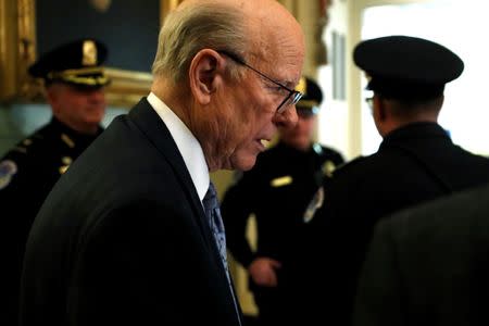 FILE PHOTO: U.S. Senator Pat Roberts (R-KS) speaks with reporters as he arrives for the weekly Republican senate caucus meeting at the U.S. Capitol in Washington, U.S. January 4, 2018. REUTERS/Jonathan Ernst