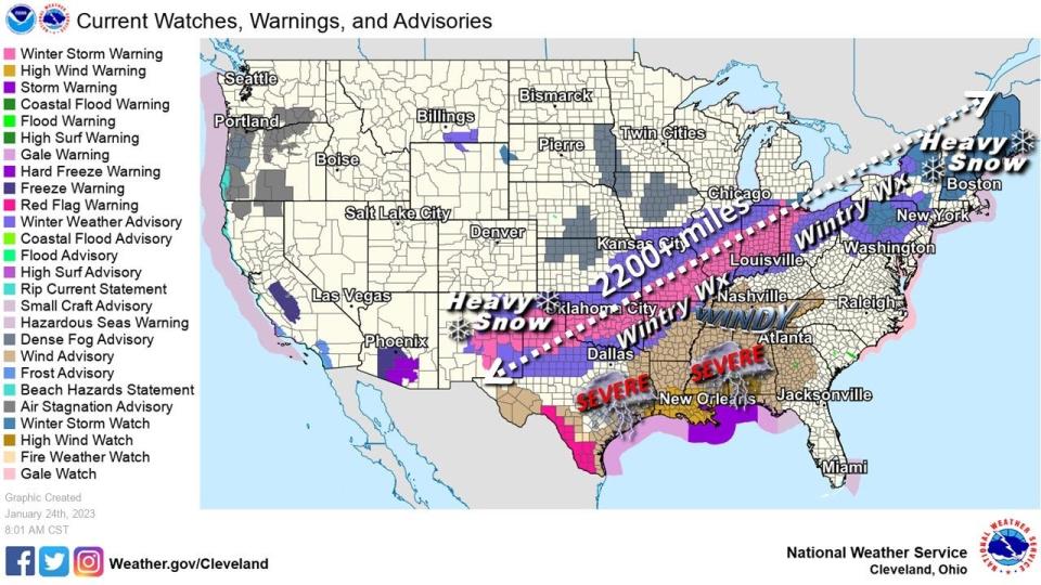 A number of weather watches, warnings and advisories extend across the country for this winter storm.