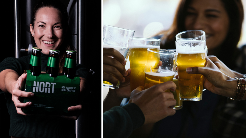 Jaz Wearin smiling and holding a six pack of Nort Beer, group of friends sharing beers. 