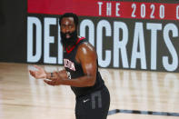 Houston Rockets guard James Harden (13) reacts to a call during the first half of an NBA basketball game against the Los Angeles Lakers, Thursday, Aug. 6, 2020, in Lake Buena Vista, Fla. (Kim Klement/Pool Photo via AP)