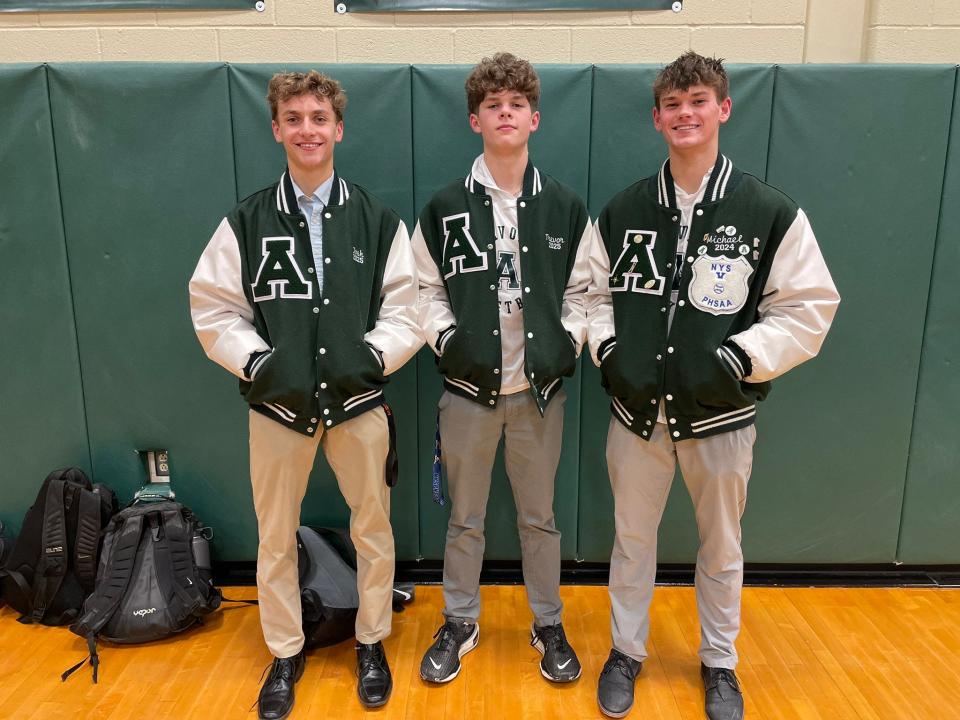 Avon began the season 12-0 before a 61-55 setback to Lyons on Tuesday, Jan. 16, 2024. Left to right: Juniors Josh Harter and Trevor Stroud, and senior Michael Rowland.