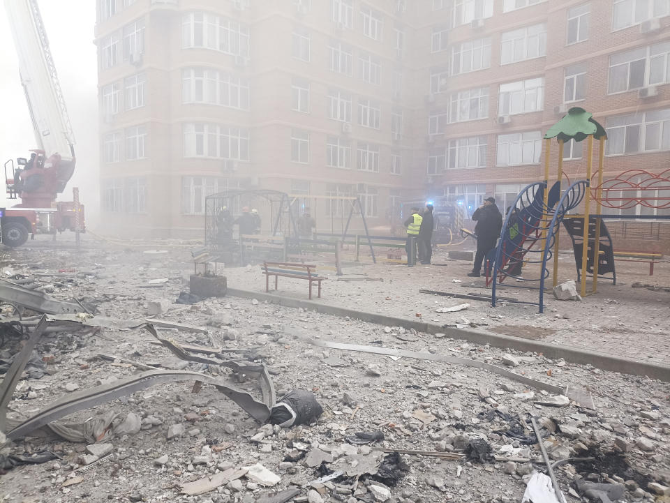 Damage are seen in a residential area after a Russian attack in Odesa, Ukraine, Friday, Dec. 29, 2023. (AP Photo/Artem Perfilov)