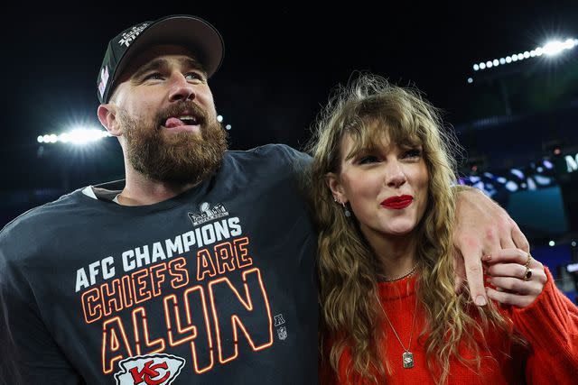 <p>Patrick Smith/Getty</p> Travis Kelce and Taylor Swift