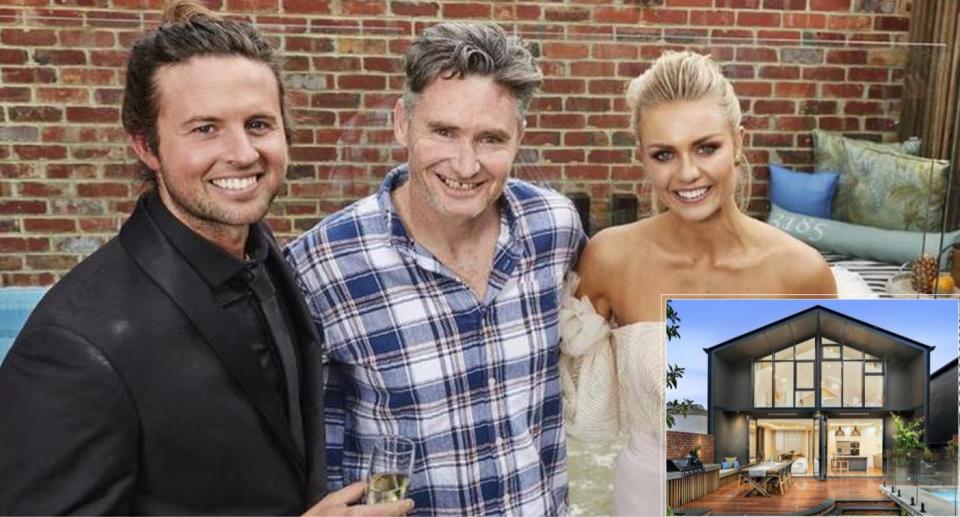 Comedian Dave Hughes with The Block contestants Josh and Elyse and inset the house he bought in 2017