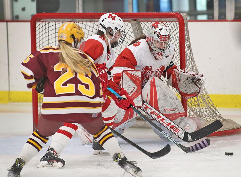 Milton goalie Lila Chamoun cuts down the angle for a shot with help from Maddie Collins.Milton girls hockey hosts Weymouth at the Ulin Rinkon Friday February 18, 2022  