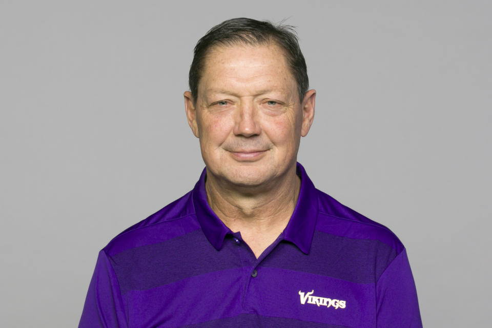 FILE - This is a 2019 photo of Rick Dennison of the Minnesota Vikings NFL football team. The Vikings and Dennison have found a solution for him to remain with the club despite his unvaccinated status. The 63-year-old Dennison will take a role as senior offensive advisor. He'll do all of his collaboration with the staff virtually. (AP Photo/ File)