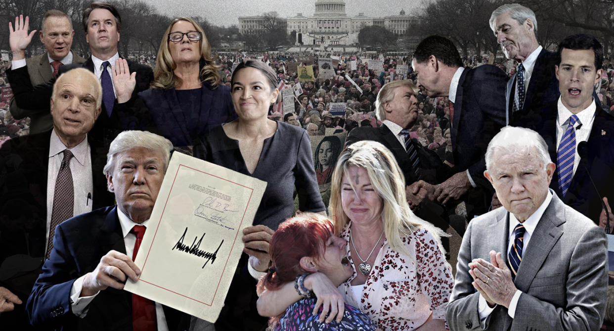 Front row, from left: John McCain, Donald Trump, Parkland, Fla., Jeff Sessions. Back row, from left: Roy Moore, Brett Kavanaugh, Christine Blasey Ford, Alexandria Ocasio-Cortez, Donald Trump and James Comey, Robert Mueller, Conor Lamb