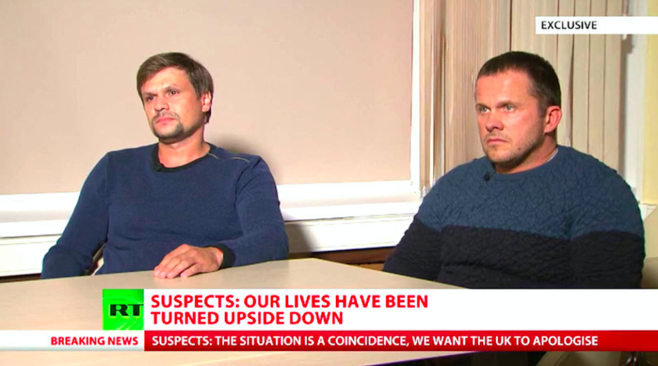 <em>Ruslan Boshirov (left) and Alexander Petrov have insisted they were simply being tourists in Salisbury (PA/RT)</em>