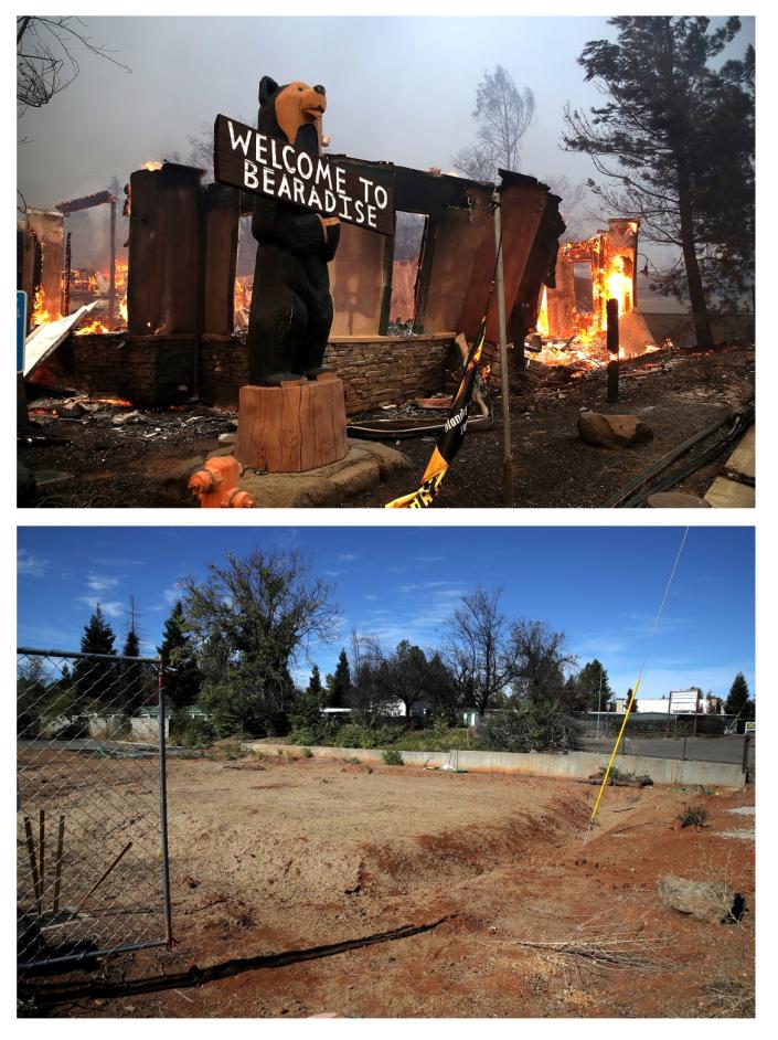 <div class="inline-image__caption"><p>Top: The Black Bear Diner burns as the Camp Fire moves through the area on November 8, 2018 in Paradise, California. </p><p>Bottom: A view of the same property on October 21, 2019.</p></div> <div class="inline-image__credit">Justin Sullivan / Getty</div>