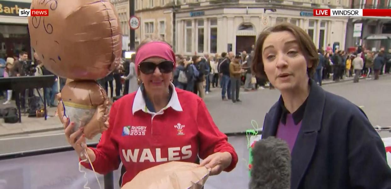 Sky News broadcast live from outside Windsor Palace to cover reactions to the impending birth announcement. One woman's interview is going viral online. (Credit: Sky News)