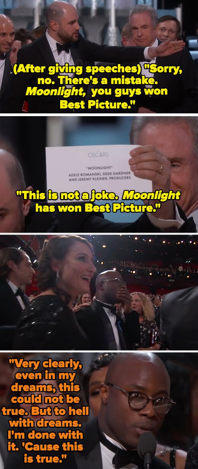 as la la land crew are onstage the envelope for the real winners is shown on camera and the moonlight crew get on stage to accept their award