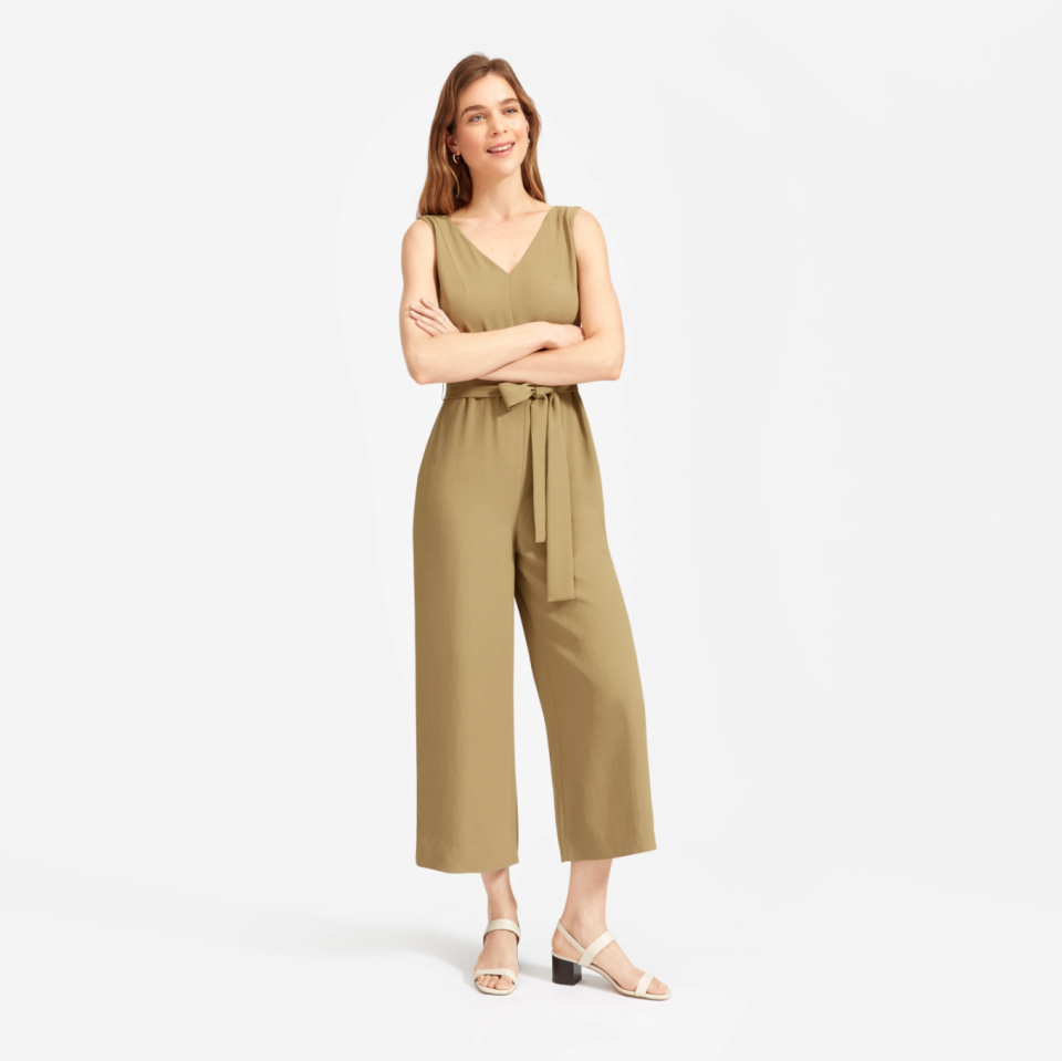 Japanese GoWeave Essential Jumpsuit in Olive. Image via Everlane.