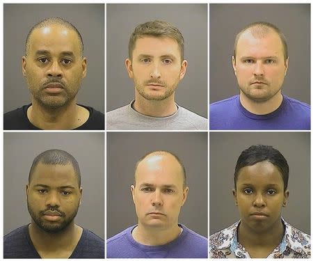 Officer Caesar R. Goodson Jr., Officer Edward M. Nero, Officer Garrett E Miller (top L-R), Officer William G. Porter, Lt. Brian W. Rice, Sgt. Alicia D. White (bottom L-R), are pictured in these undated booking photos provided by the Baltimore Police Department. REUTERS/Baltimore Police Department/Handout