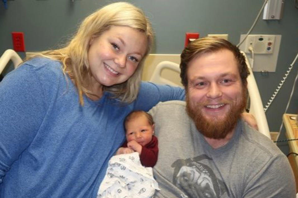 Minnesota man Andrew Goette was found not breathing by his wife Ashley as she was due to be induced to give birth. Source: GoFundMe/ Miracle Man, Ashley and Baby Lenny