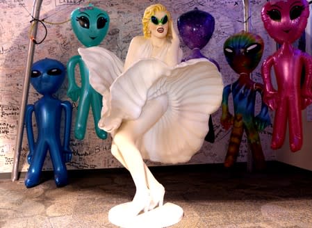 Alien themed decorations are seen at the Alien Research Center in Hiko, as an influx of tourists responding to a call to 'storm' Area 51, is expected in Rachel, Nevada