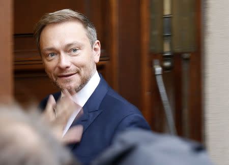 Chairman of the Free Democratic Party (FDP) Christian Lindner arrives for exploratory talks at the German Parliamentary Society about forming a new coalition government in Berlin, Germany, November 16, 2017. REUTERS/Axel Schmidt