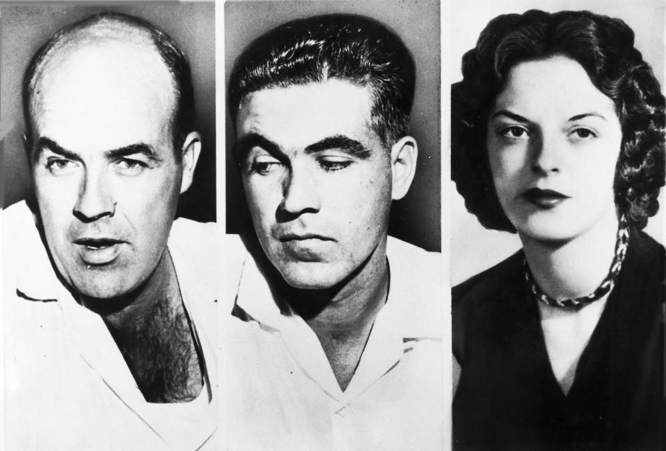 In this file combo photo, John W. Milam, 35, left, his half-brother Roy Bryant, 24 , center, who went on trial in Sumner, Miss., Sept. 18, 1955, and charged with the murder of 14-year-old African American Emmett Till from Chicago, Bryant’s wife Carolyn, is seen right.