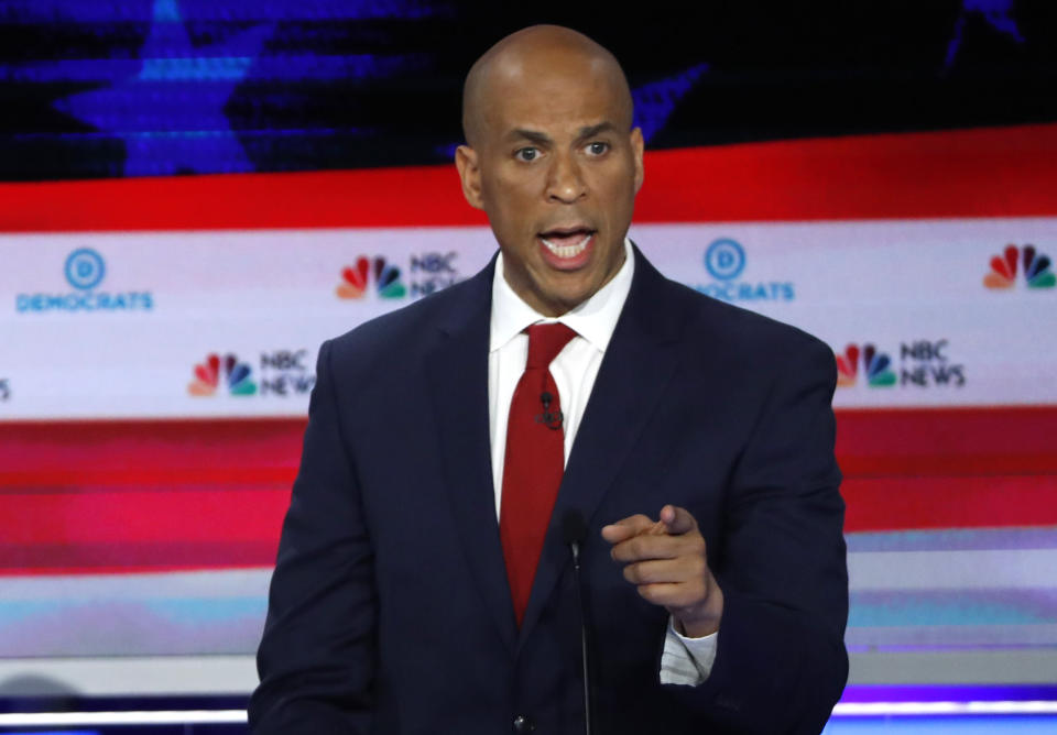 U.S. Senator Cory Booker speaks at the first U.S. 2020 presidential election Democratic candidates debate in Miami, Florida, U.S., June 26, 2019. REUTERS/Mike Segar