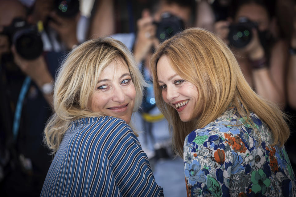 FILE - In this July 10, 2021 file photo Valeria Bruni Tedeschi, left, and Vanessa Paradis pose for photographers at the photo call for the film 'Love Songs for Tough Guys' at the 74th international film festival, Cannes, southern France. (Photo by Vianney Le Caer/Invision/AP, File)