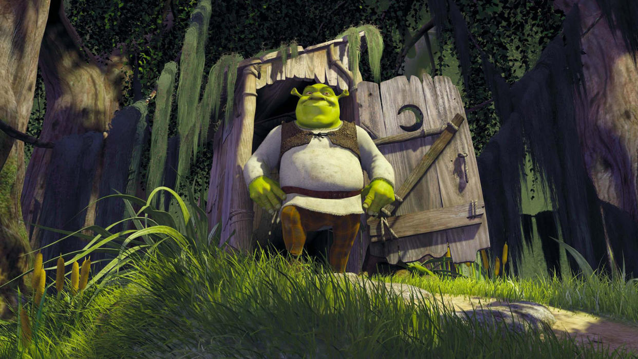  Shrek proudly stands in front of his swamp-based outhouse in his self-titled 2001 film, one of May's new Netflix movies. 