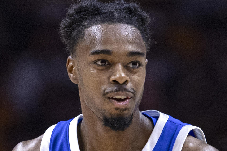 FILE - Kentucky guard Antonio Reeves (12) plays during the first half of an NCAA college basketball game against Tennessee, Saturday, March 9, 2024, in Knoxville, Tenn. Reeves was selected to the AP All-SEC first team in balloting released Tuesday, March 12, 2024.(AP Photo/Wade Payne, File)