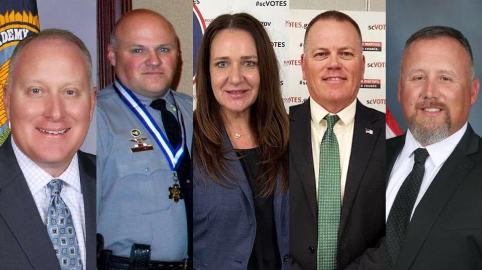 Left to right: York County Sheriff candidates left to right: Michael Belk, Chris Blevins, Beth Bryant Tolson, Tony Breeden and Heath Clevenger. All have filed as Republicans for the June 11 primary.