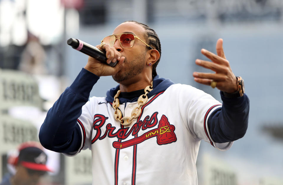 Nov 5, 2021; Atlanta, GA, USA; Ludacris performs during the World Series championship parade at Truist Field. Mandatory Credit: Brett Davis-USA TODAY Sports