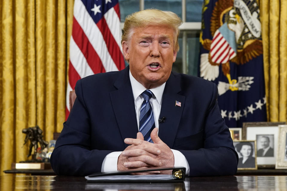 President Donald Trump speaks in an address to the nation from the Oval Office at the White House about the coronavirus Wednesday, March, 11, 2020, in Washington. (Doug Mills/The New York Times via AP, Pool)