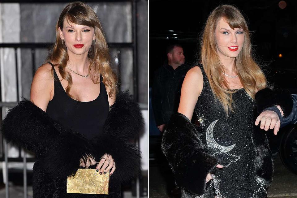 <p>James Devaney/GC Images; Gotham/GC Images</p> Taylor Swift with Sagittarius-themed purse on Dec. 6 (left) and in a celestial dress on Dec. 13 (right).