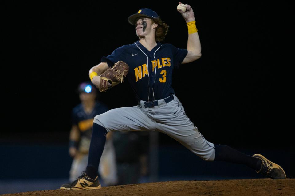 Naples' Johnny King (3) pitches during the bottom of the sixth inning of the FHSAA Class 5A-District 14 baseball championship between Naples High School and Barron Collier High School, Thursday, May 5, 2022, at Barron Collier High School in Naples, Fla.Barron Collier defeated Naples 5-1 to win the Class 5A-District 14 title.