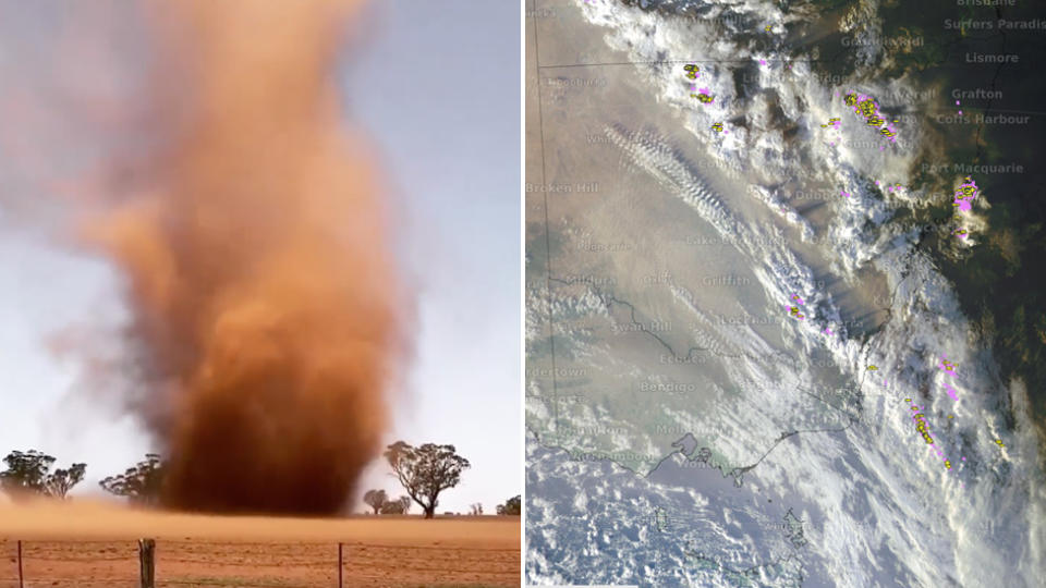 A dust storm in Parkes, central NSW (left) and a satellite images of the dust and clouds on thursday
