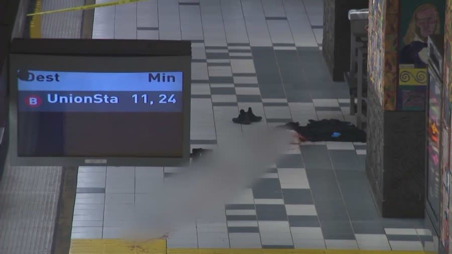 Police tape at the scene of a stabbing that left one woman dead at the Studio City Metro stop. The Los Angeles Police Department says it appears to be an unprovoked stabbing. The suspect was arrested on April 22, 2024. (KTLA)