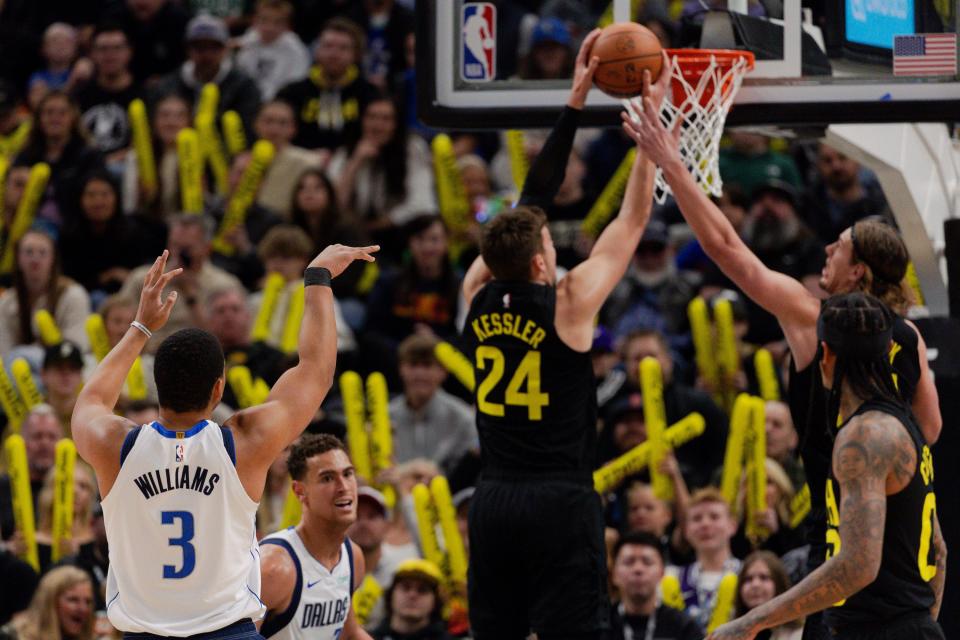 Utah Jazz center Walker Kessler (24) gets the rebound after Dallas Mavericks forward Grant Williams (3) misses a free throw during the NBA basketball game between the Utah Jazz and the Dallas Mavericks at the Delta Center in Salt Lake City on Monday, Jan. 1, 2024. | Megan Nielsen, Deseret News