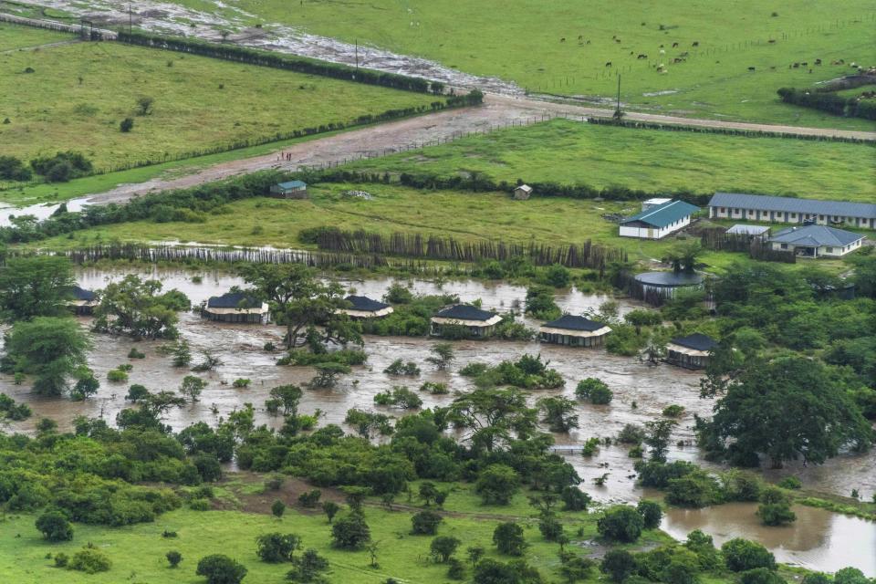 A lodge is seen in the flooded Maasai Mara National Reserve, which left dozens of tourists stranded in Narok County, Kenya, Wednesday, May 1, 2024. Kenya, along with other parts of East Africa, has been overwhelmed by flooding. (AP Photo/Bobby Neptune)