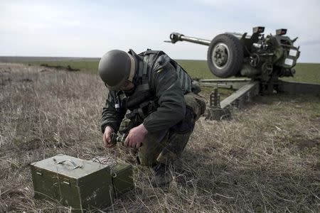 Ukraine's voluntary militia called the Azov Battalion holds artillery training in east Ukraine's village of Urzuf that sits west of the port city of Mariupol on the Azov Sea, March 19, 2015. REUTERS/Marko Djurica