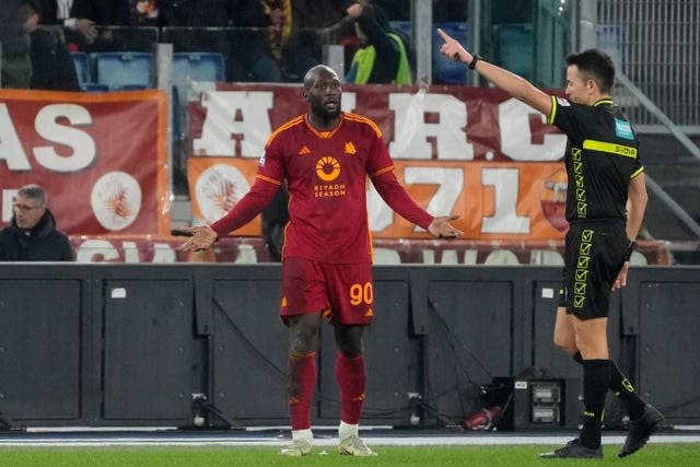 Roma's Romelu Lukaku reacts after receiving a red card